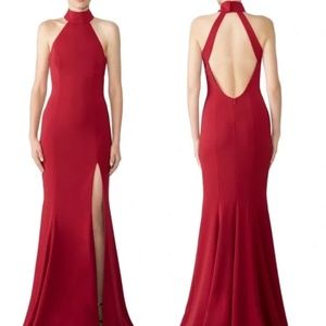 Jay Godfrey Burgundy Cameo Halter Slit Gown